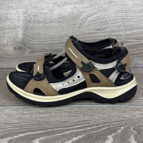 Ecco Yucatan Tan Black Gray Leather Women’s Sz 8/EU 39 Hook & Loop Sport Sandals - Picture 3 of 10